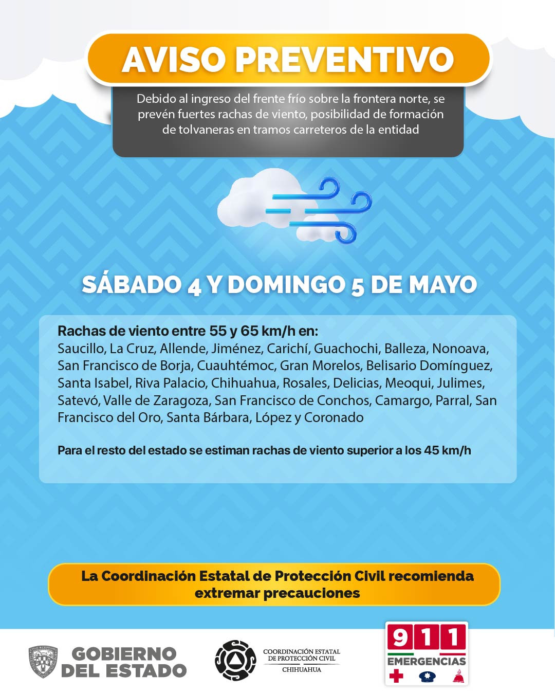 Prevé CEPC ráfagas de viento superiores los 55 y 65 km/h en el estado para este fin de semana