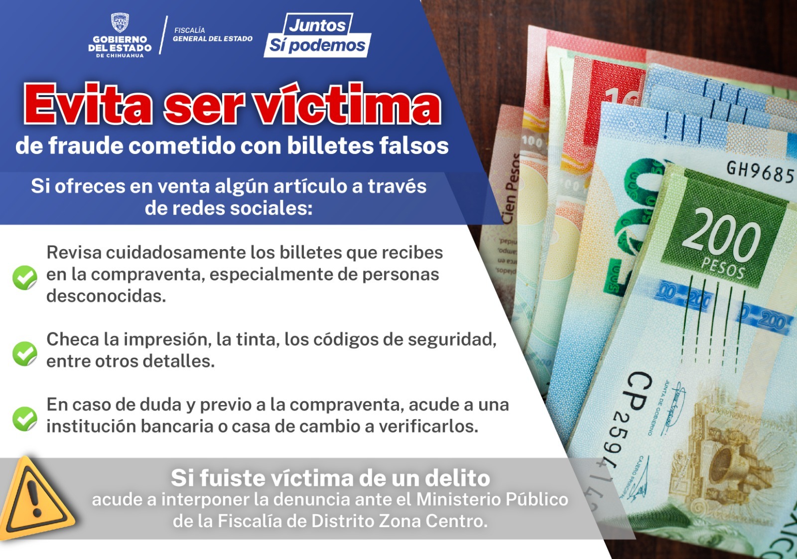 Alerta Fiscalía por fraudes cometidos en pagos con billetes falsos en Delicias