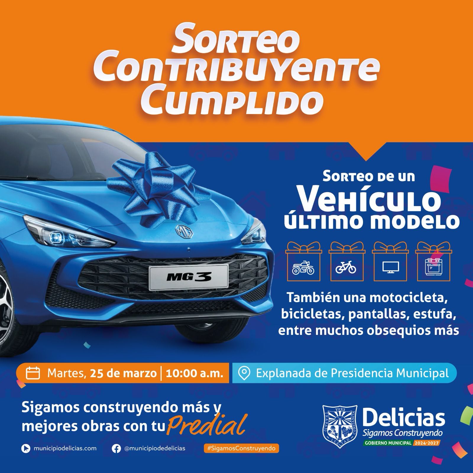 Realizará Gobierno Municipal de Delicias Sorteo Contribuyente Cumplido este martes 25 de marzo