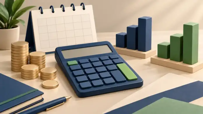 Calculadora de Cetesdirecto representada con una calculadora, monedas y un calendario abstracto.