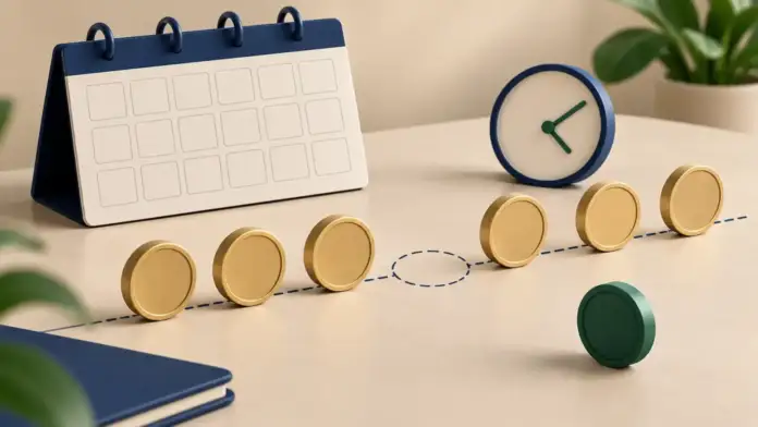 Ahorro recurrente de Cetesdirecto no hizo el cargo, representado con un calendario, monedas y un reloj.